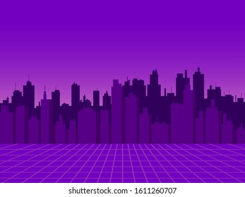 Cityscape. View of the night city with skyscrapers in the style of the 80s, retro futurism, sci-fi city silhouette. Vector illustration