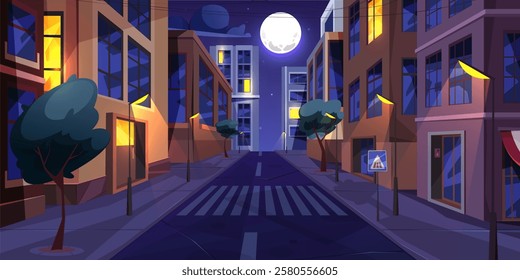 Cityscape view at night, town street with apartment buildings and blocks, trees and pedestrian crossing with sign. Vector city panorama skyline with starry sky and full moon scenery