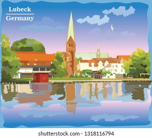 Cityscape with view on Church of St. Mary in Lubeck in Germany. International landmark of  Germany. Colorful vector illustration.