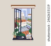 Cityscape view from open window. Look out on old town buildings, skyscrapers, city road. Cozy windowsill with books, candle, potted plant and urban landscape outside. Flat vector illustration