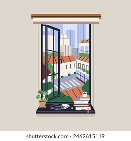 Cityscape view from open window. Look out on old town buildings, skyscrapers, city road. Cozy windowsill with books, candle, potted plant and urban landscape outside. Flat vector illustration