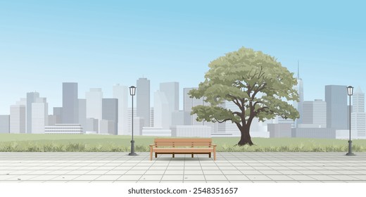 Cityscape view from public park have skyscraper and blue sky background graphic illustration.