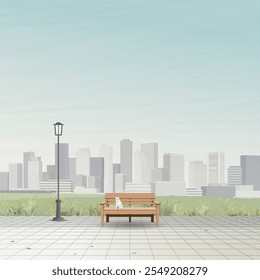 Cityscape view from public park with white cat sitting on the bench have skyscrapers and blue sky square background graphic illustration.