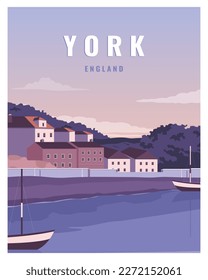 vistas al paisaje urbano con River en York Inglaterra, Reino Unido. ilustración vectorial de fondo con estilo de color adecuado para afiche, postal, tarjeta, impresión.