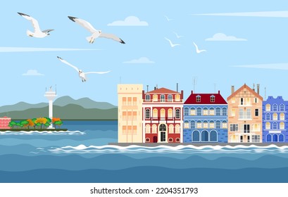 Cityscape with a view of the sea strait and seagulls, an embankment with mansions and a lighthouse in the background