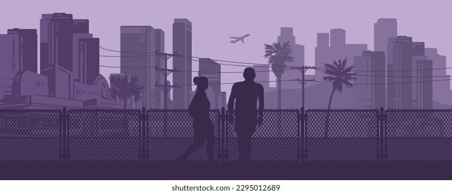 Cityscape vintage detailed banner colorful with people on sidewalk in city with skyscrapers and palm trees vector illustration