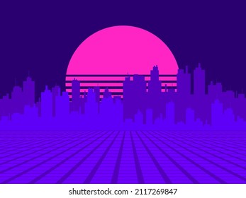 Cityscape in virtual reality with the sun in the style of the 80s. Retro futuristic city landscape with sunset in virtual reality. Synthwave and retrowave style. Vector illustration
