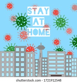 Cityscape with viruses. Stay at home concept