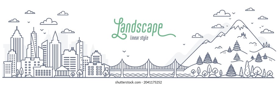 Cityscape Vs Suburb Mountains And Hills. Concept Of A City And Suburban Life. Outline Style Vector Illustration On White Background.