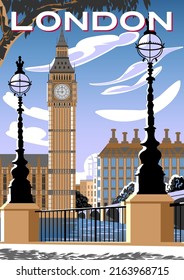 Cityscape with the waterfront in the first plan, Big Ben and the Houses of Parliament in the background. Handmade drawing vector illustration. London retro style poster design.