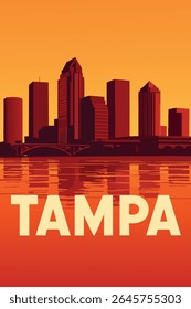 A paisagem urbana de Tampa e o brilho da beira-mar no pôr do sol, proporcionando uma vista deslumbrante do horizonte e das águas tranquilas, perfeitas para a exploração ao ar livre e para o relaxamento pacífico à beira do rio.