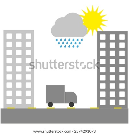 Cityscape with weather. Cloud rain sunshine. Urban minimal design. Vector illustration.