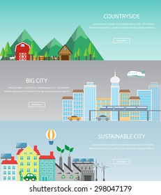 Cityscape Web Page Banner, Infographic Elements. There Are Urban, Countryside And Sustainable City Template. Can Be Used For Background, Layout, Diagram, Web Design, Brochure. Vector  Illustration