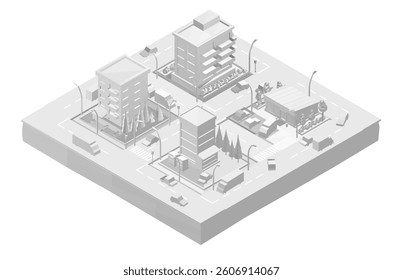 A cityscape with a white background and buildings in the foreground. The buildings are tall and there are cars and trucks on the street. Isometric view