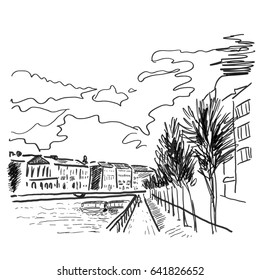 Cityscape in white and black colors. View on the river with boats, embankment, houses, trees, clouds. Landscape. Architectural sketch for posters, prints, interior, design, cover, coloring book pages.