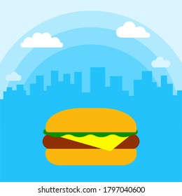 Cityscape with white clouds and burger, fast food flat vector illustration in a flat design.