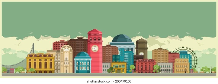 cityscape for wide screen with high-rise buildings against the sky 