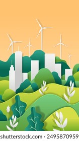 Cityscape with wind turbines sustainable eco-friendly landscape green hills white buildings vibrant colors paper cut style