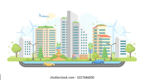 Cityscape with windmills - modern flat design style vector illustration on white background. Lovely housing complex with skyscrapers, car, fountain, trees, lanterns. Eco-friendly place concept