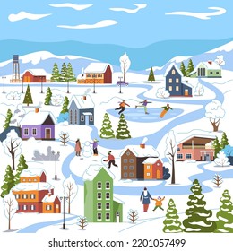 Cityscape of winter city or small town. Houses and streets covered with snow, park with skating rink and people walking with children, having fun and sculpting snowman outdoors. Vector in flat style