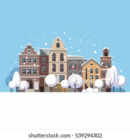 Cityscape. Winter Landscape Background. Flat Vector Design Illustration.