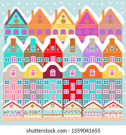 Cityscape. Winter nature landscape. Vector. Winter in the city, christmas decor fir-trees. New year holidays. Cute town Christmas eve. Greeting card, poster design. Winter houses, road, tree. Vector.