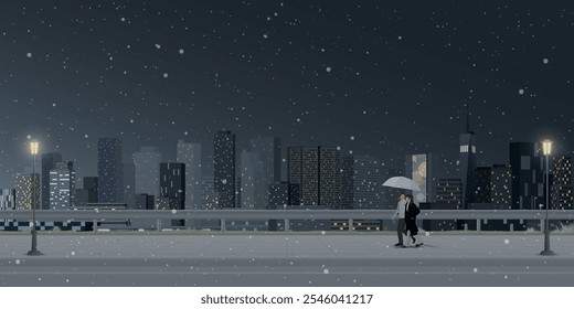 Paisaje urbano en la temporada de invierno por la noche con pareja de amantes bajo el paraguas caminando en la acera tienen rascacielos y cielo nocturno ilustración gráfica de fondo.