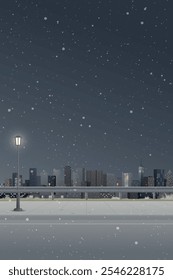 Cityscape in winter season at night view from sidewalk have skyscraper and night sky vertical background graphic illustration.