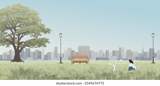 Cityscape with woman and cat playing soap bubbles at public park have skyscraper and blue sky background graphic illustration.