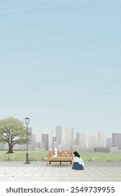 Cityscape with woman and cat playing soap bubbles at public park have skyscraper and blue sky vertical background graphic illustration.