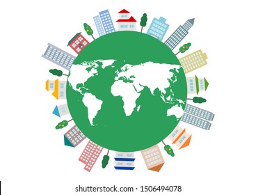 Cityscape and world map. Vector illustration. Logo, icon.