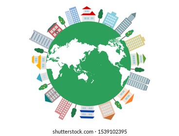 Cityscape and world map. Vector illustration. Logo, icon.