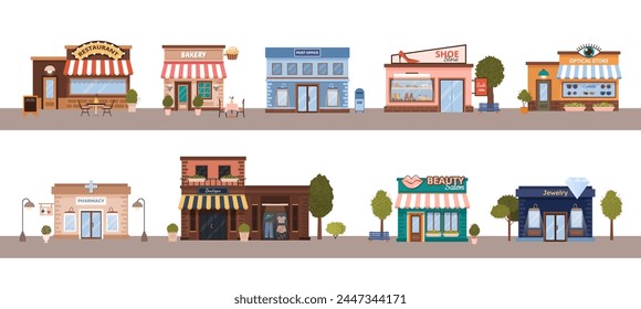 Cityscapes with flat urban buildings with trees on the road. Municipal post office, jewelry, boutique, optics store, shoe store, beauty salon, pharmacy on white background. Vector illustration.