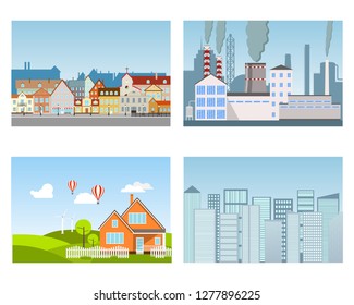 Cityscapes. Industrial district, old town, modern megapolis, suburb. Cartoon illustration of a Urban landscapes.