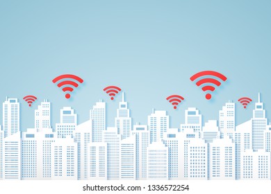 Cityscapes , paper building with signal , wifi icon