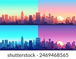 Cityscapes with tall skyscrapers, office buildings at different times of the day and year. Set of city business districts. Day, night, morning, evening. Sunrise and sunset in city. Vector illustration