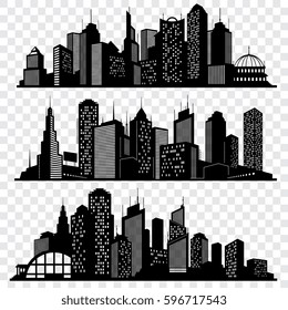 Cityscapes, town skyline buildings, big city silhouettes vector set