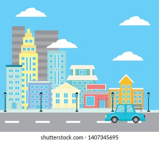 cityspace building street car lamp urban background vector illustration