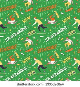 Citysurf, skateboarding seamless pattern. 