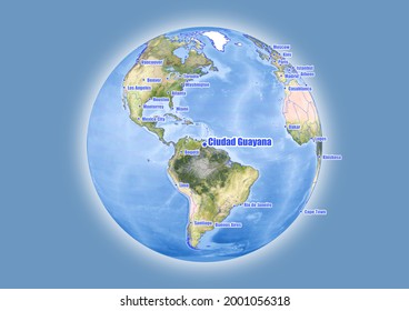 Ciudad Guayana-Venezuela is shown on vector globe map. The map shows Ciudad Guayana-Venezuela 's location in the world.