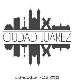 Ciudad Juarez Mexico America Skyline Vector Art Mirror Silhouette Stencil Clip Art.