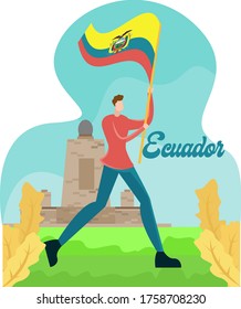 Ciudad Mitad del Mundo vector concept: man waving around Ecuador national flag near Ciudad Mitad del Mundo