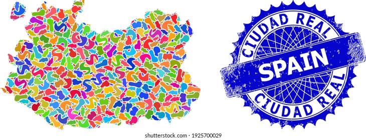 Ciudad Real Province map abstraction. Blot pattern map and unclean stamp for Ciudad Real Province. Sharp rosette blue stamp seal with text for Ciudad Real Province map.