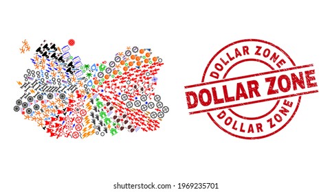 Ciudad Real Province map mosaic and grunge Dollar Zone red round stamp. Dollar Zone stamp uses vector lines and arcs. Ciudad Real Province map mosaic includes gears, homes, screwdrivers, bugs, men,