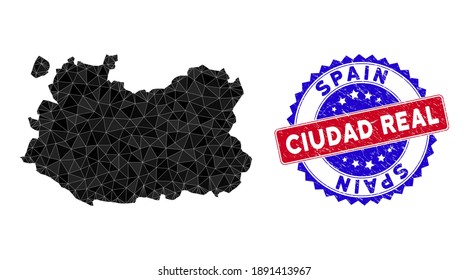 Ciudad Real Province map polygonal mesh with filled triangles, and scratched bicolor stamp imitation. Triangle mosaic Ciudad Real Province map with triangular vector model,