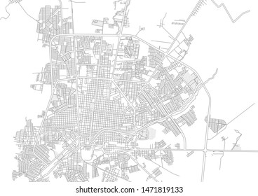 Ciudad Victoria, Tamaulipas, Mexico, bright outlined vector map with bigger and minor roads and steets created for infographic backgrounds.