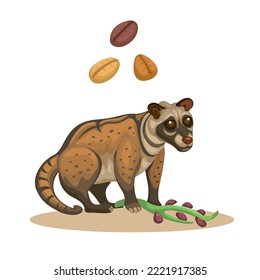 Civet animal with asian traditional coffee beans cartoon illustration vector