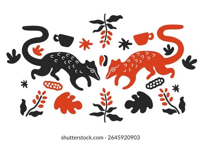 Civet animals with coffee beans, leaves, berries and cups in tribal style. Ethnic folk art and coffee production concept.