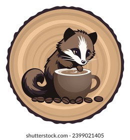 Civet with a cup of premium kopi luwak coffee and coffee beans on a wood cross-section. Minimalistic isolated vector image without background, design for coffee houses.
