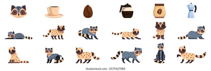 Civet icons set. Raccoon and coffee icons set, cartoon style for web, app, infographic and print